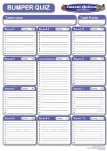 Bumper Quiz Answer Sheet